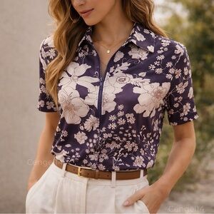 Vintage 70s Floral Zip-Front Blouse Purple & Cream Pointed Collar – Small